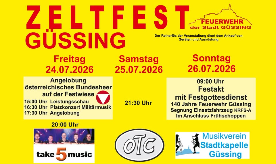 Zeltfest der Feuerwehr Güssing am 24. July 2026 @ Stadtfeuerwehr Güssing.