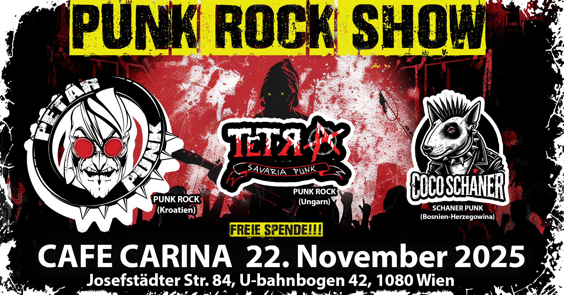PUNK ROCK SHOW - PETAR PUNK, TETRA & COCO SCHANER am 22. November 2025 @ Café Carina.