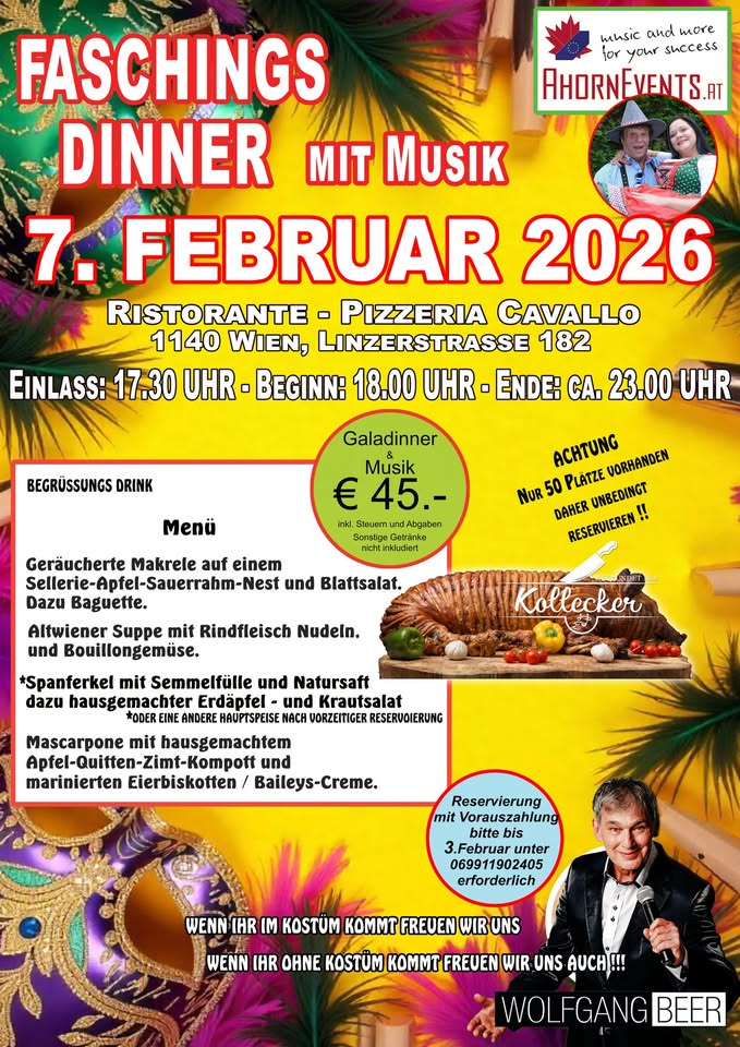 FASCHINGS DINNER MIT MUSIK am 7. February 2026 @ Pizzeria Cavallo.
