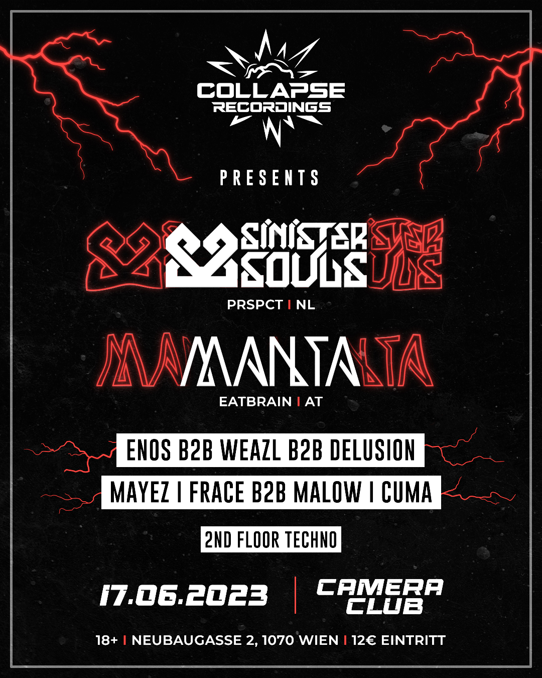 COLLAPSE presents Sinister Souls & Manta am 17. June 2023 @ Camera Club. COLLAPSE presents Sinister Souls & Manta am 17. June 2023 @ Camera Club.