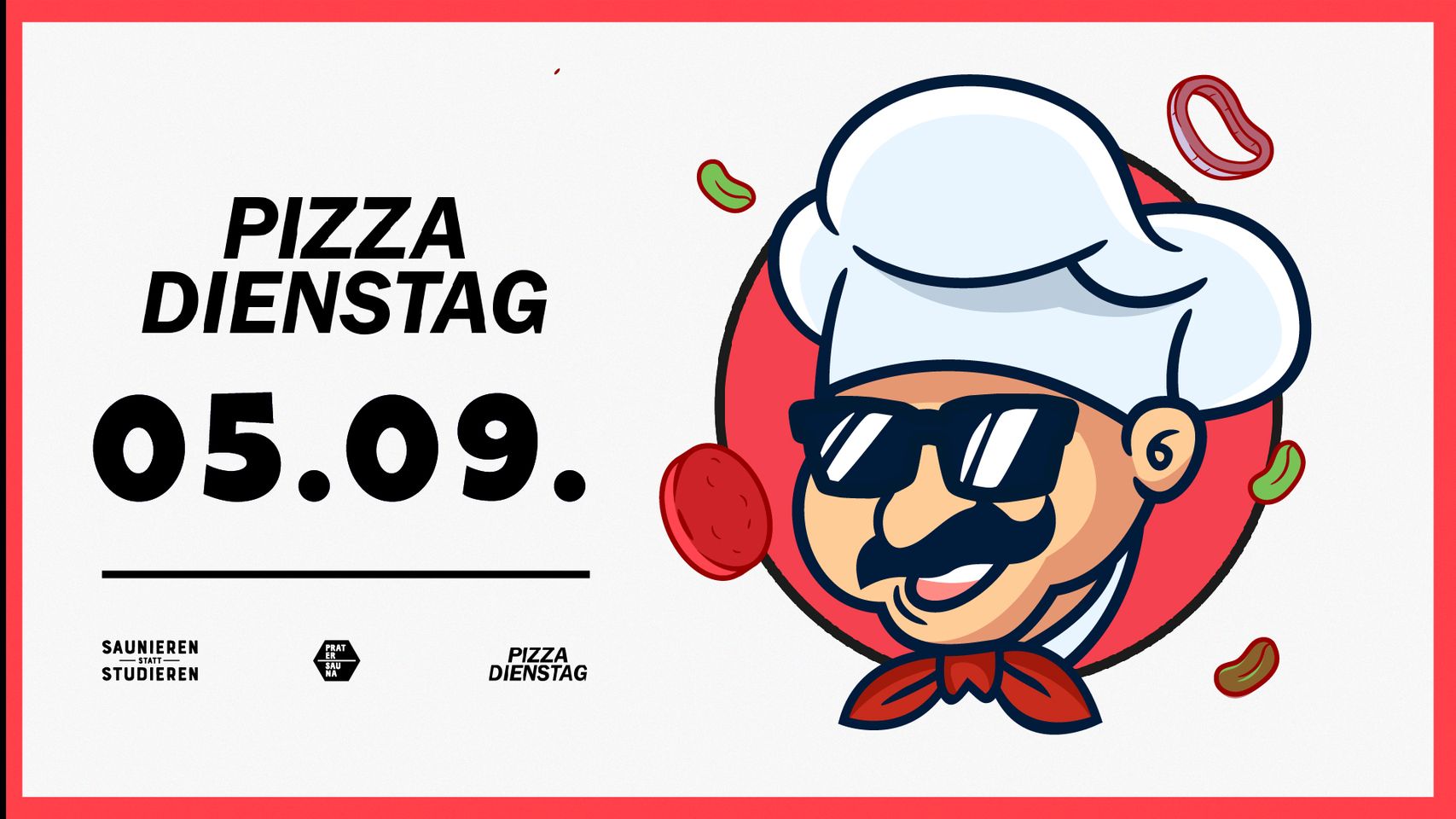 PIZZA DIENSTAG x SAUNIEREN statt STUDIEREN am 5. September 2023 @ Pratersauna. PIZZA DIENSTAG x SAUNIEREN statt STUDIEREN am 5. September 2023 @ Pratersauna.
