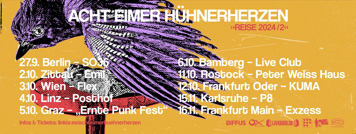 Acht Eimer Hühnerherzen am 3. October 2024 @ Flex. Acht Eimer Hühnerherzen am 3. October 2024 @ Flex.