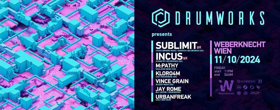 Drumworks presents Sublimit (Dispatch) & Incus (Symmetry) am 11. October 2024 @ Weberknecht. Drumworks presents Sublimit (Dispatch) & Incus (Symmetry) am 11. October 2024 @ Weberknecht.