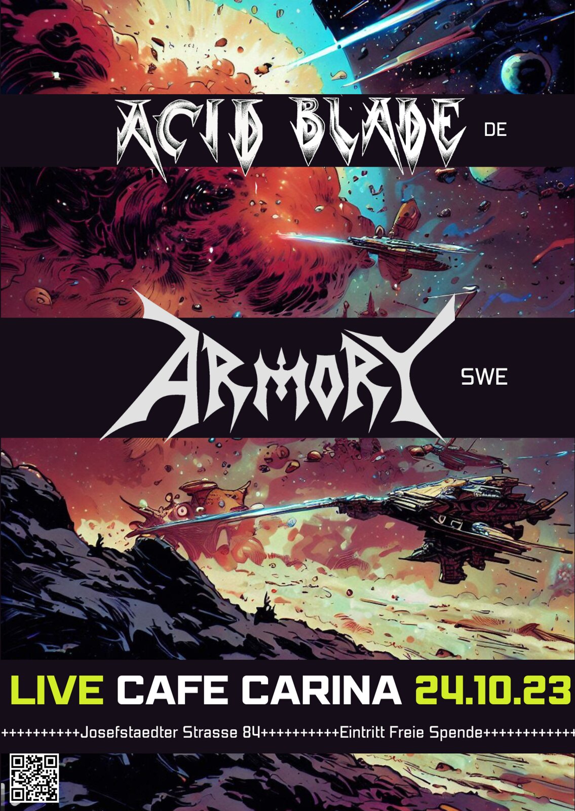 ARMORY – SPEED METAL AUS SCHWEDEN / ACID BLADE – HEAVY METAL AUS DRESDEN am 24. October 2023 @ Café Carina.