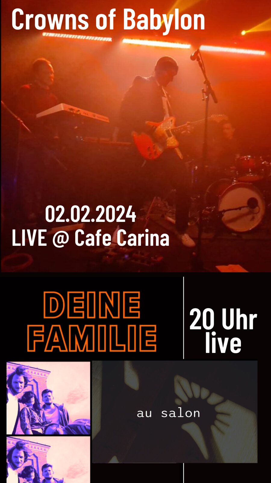 ausalonmusic / crowns of babylon / Deine Familie am 2. February 2024 @ Café Carina. ausalonmusic / crowns of babylon / Deine Familie am 2. February 2024 @ Café Carina.