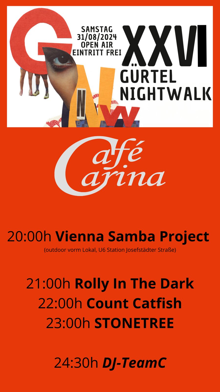 Nightwalk XXVI am 31. August 2024 @ Café Carina. Nightwalk XXVI am 31. August 2024 @ Café Carina.
