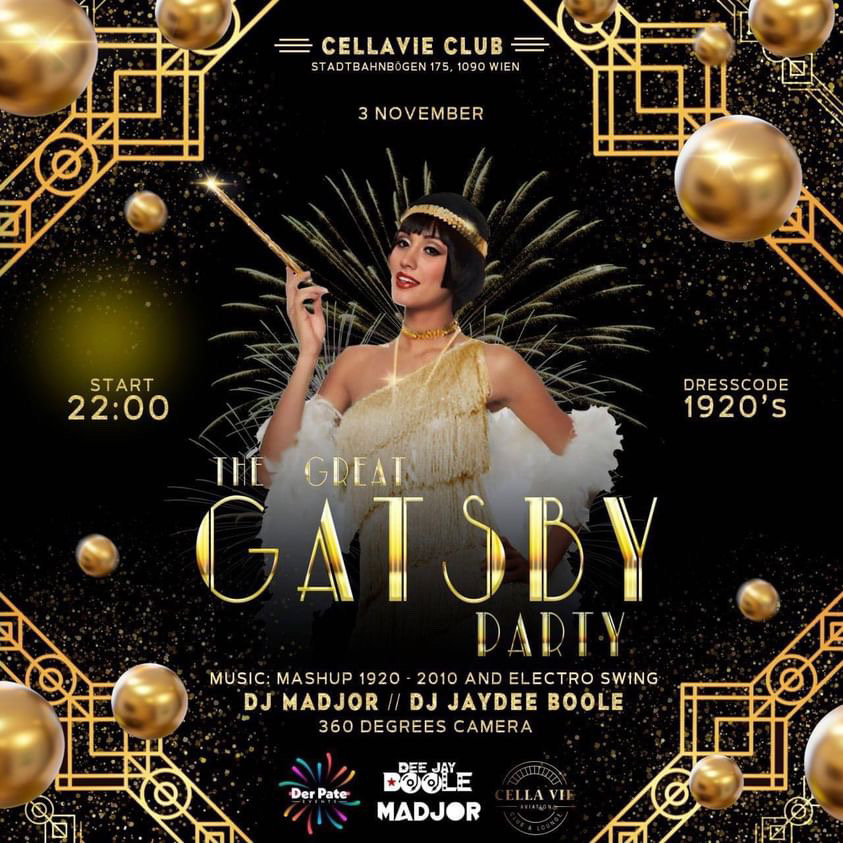 The Great Gatsby Party am 3. November 2023 @ CellaVie Aviation Club & Lounge. The Great Gatsby Party am 3. November 2023 @ CellaVie Aviation Club & Lounge.