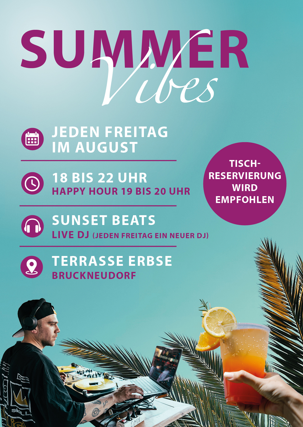 Summer Vibes DJ-Abend am 21. August 2026 @ Terrasse Restaurant Erbse.