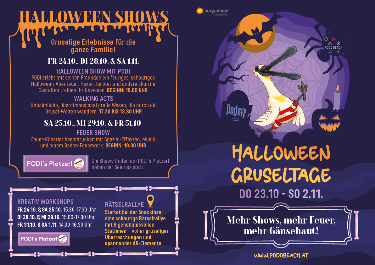 Halloween Gruseltage am 23. October 2025 @ Strandbad Podersdorf. Halloween Gruseltage am 23. October 2025 @ Strandbad Podersdorf.