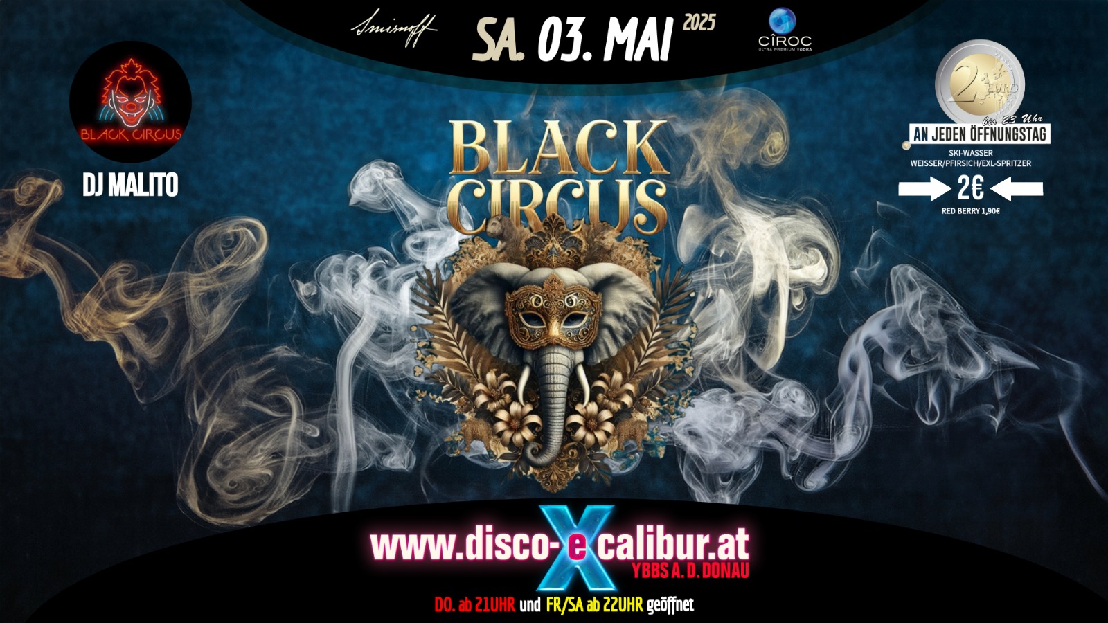 Black Circus am 3. May 2025 @ Disco Excalibur - Ybbs. Black Circus am 3. May 2025 @ Disco Excalibur - Ybbs.