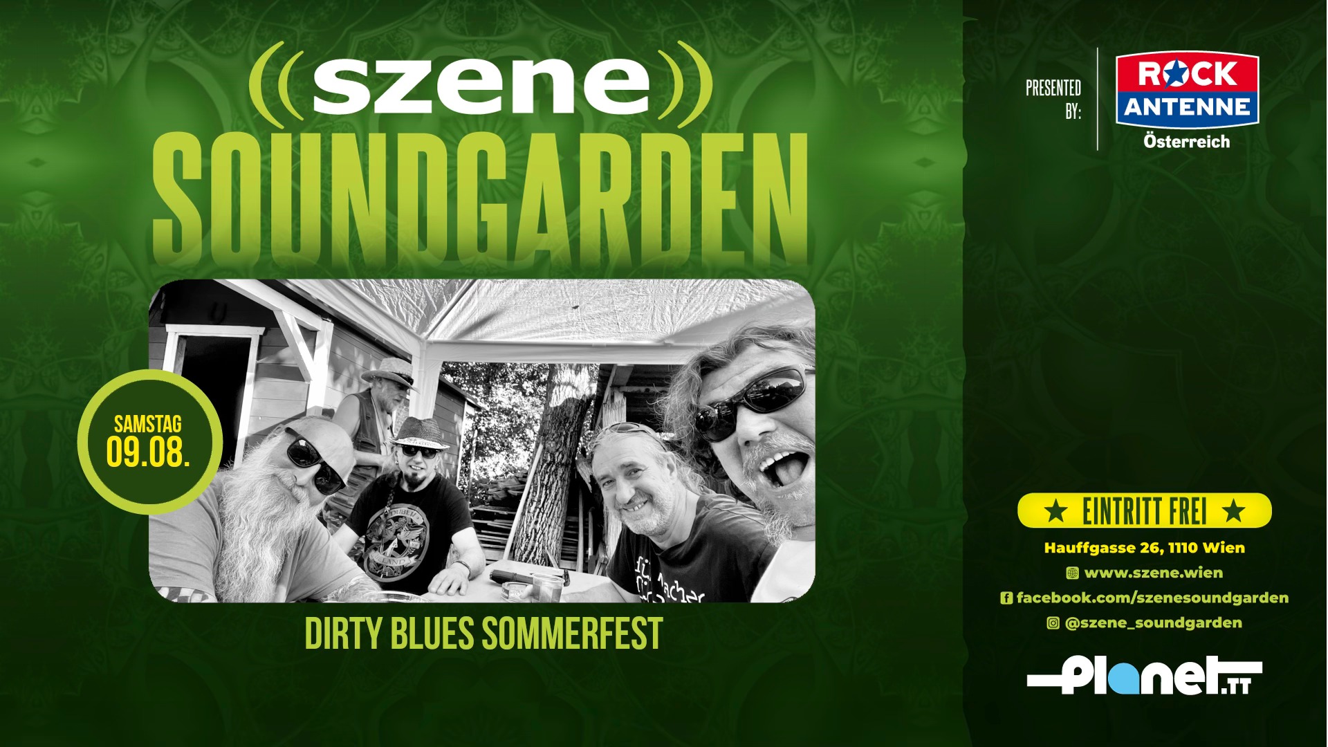 Dirty Blues Sommerfest feat. Cluster Gfrasta am 9. August 2025 @ Szene Wien. Dirty Blues Sommerfest feat. Cluster Gfrasta am 9. August 2025 @ Szene Wien.