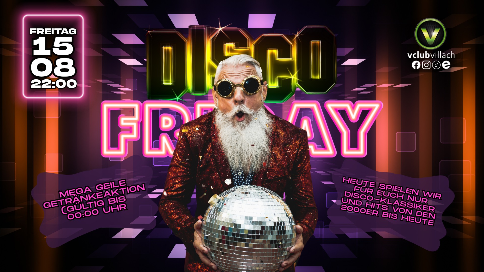 Disco Friday am 15. August 2025 @ V-Club. Disco Friday am 15. August 2025 @ V-Club.