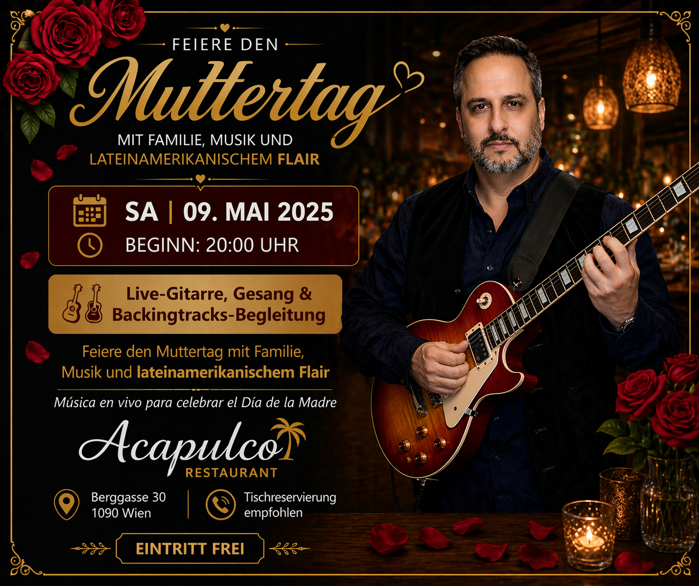Muttertag Special – Latin Vibes Live Duo | Jean Carlos (Wien) am 9. May 2026 @ Acapulco Restaurant.