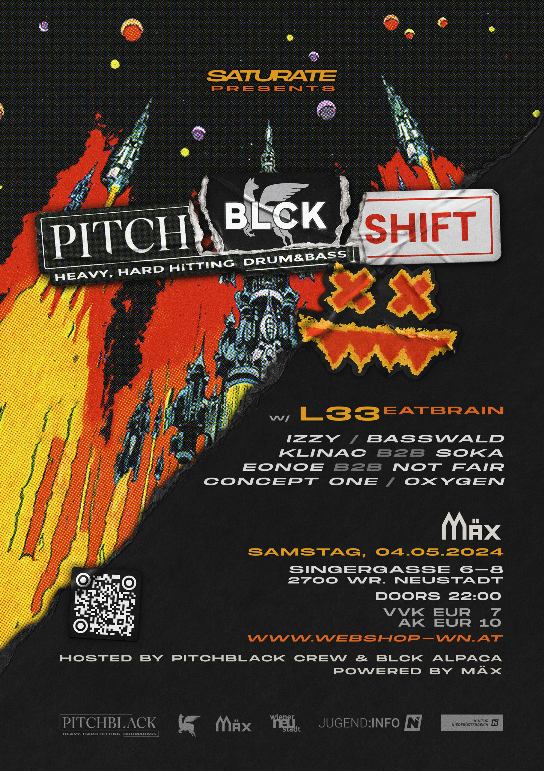 Saturate pres. PITCH|BLCK|SHFT am 4. May 2024 @ MÄX. Saturate pres. PITCH|BLCK|SHFT am 4. May 2024 @ MÄX.