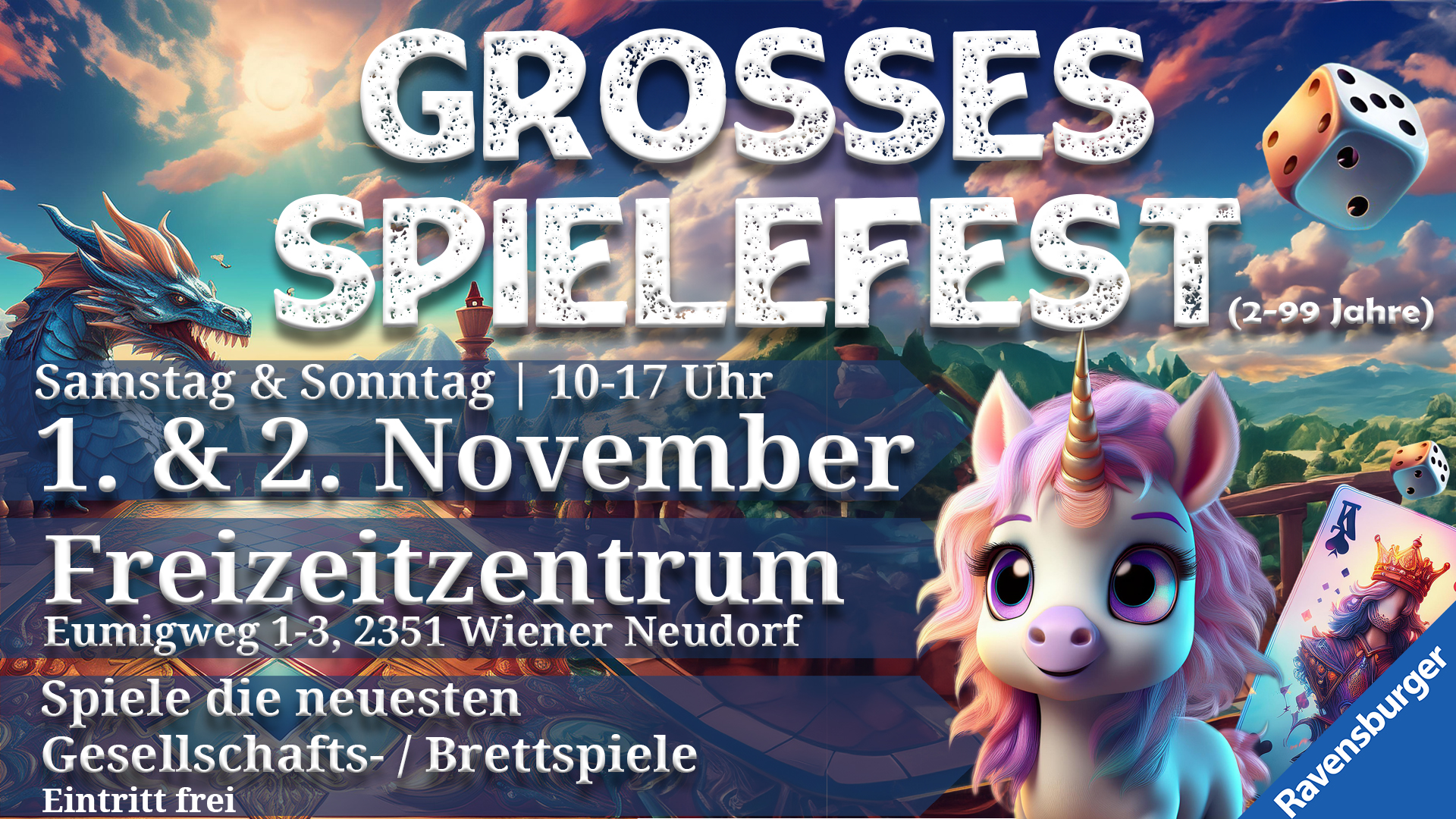 Großes Spielefest Wiener Neudorf am 1. November 2025 @ Freizeitzentrum Wiener Neudorf. Großes Spielefest Wiener Neudorf am 1. November 2025 @ Freizeitzentrum Wiener Neudorf.