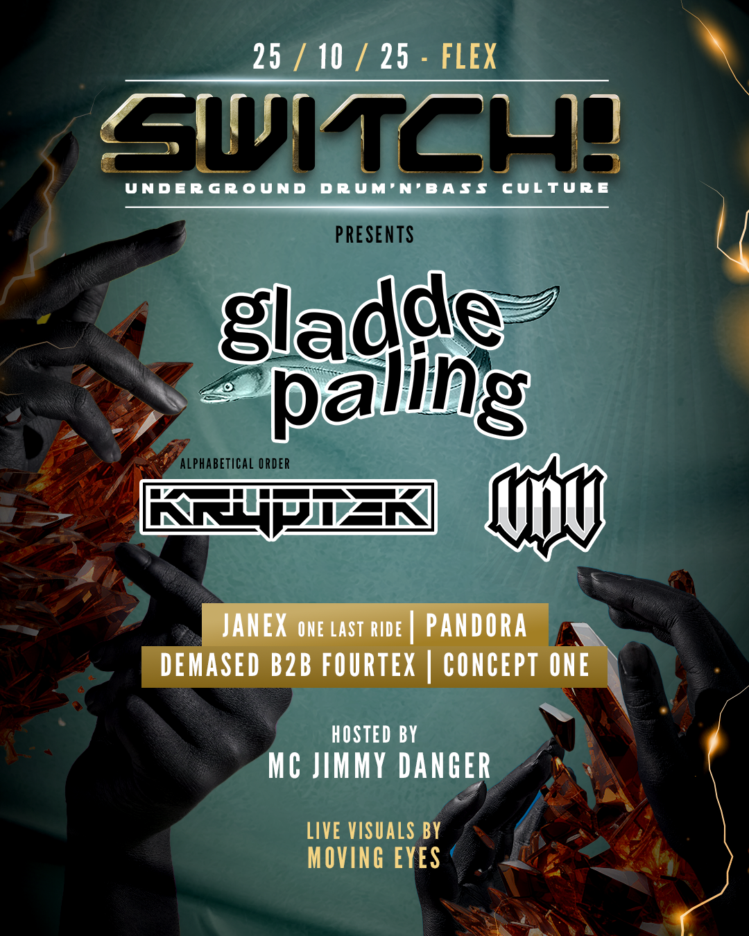 Switch! feat. Gladde Paling, Kryptek, VDV am 25. October 2025 @ Flex. Switch! feat. Gladde Paling, Kryptek, VDV am 25. October 2025 @ Flex.