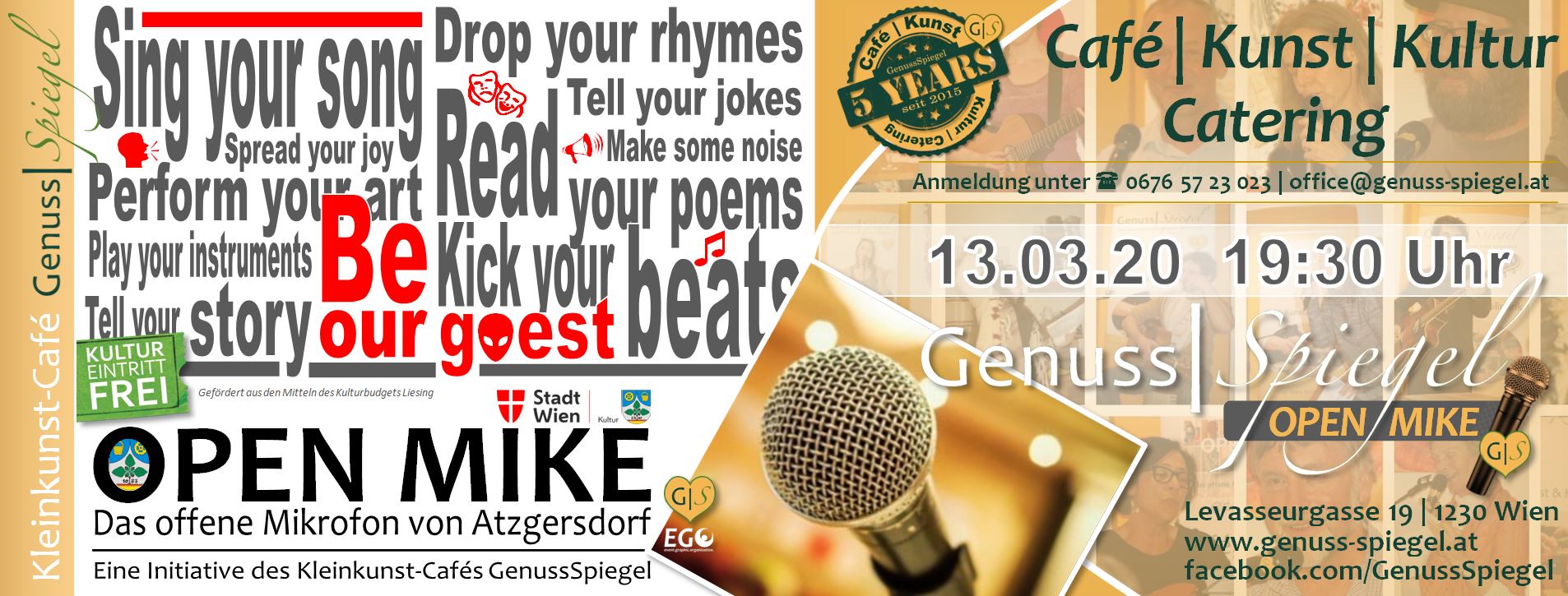 GenussSpiegel präsentiert: OPEN MIKE - Das offene Mikrofon von Atzgersdorf am 13. March 2020 @ Café Genuss-Spiegel. GenussSpiegel präsentiert: OPEN MIKE - Das offene Mikrofon von Atzgersdorf am 13. March 2020 @ Café Genuss-Spiegel.