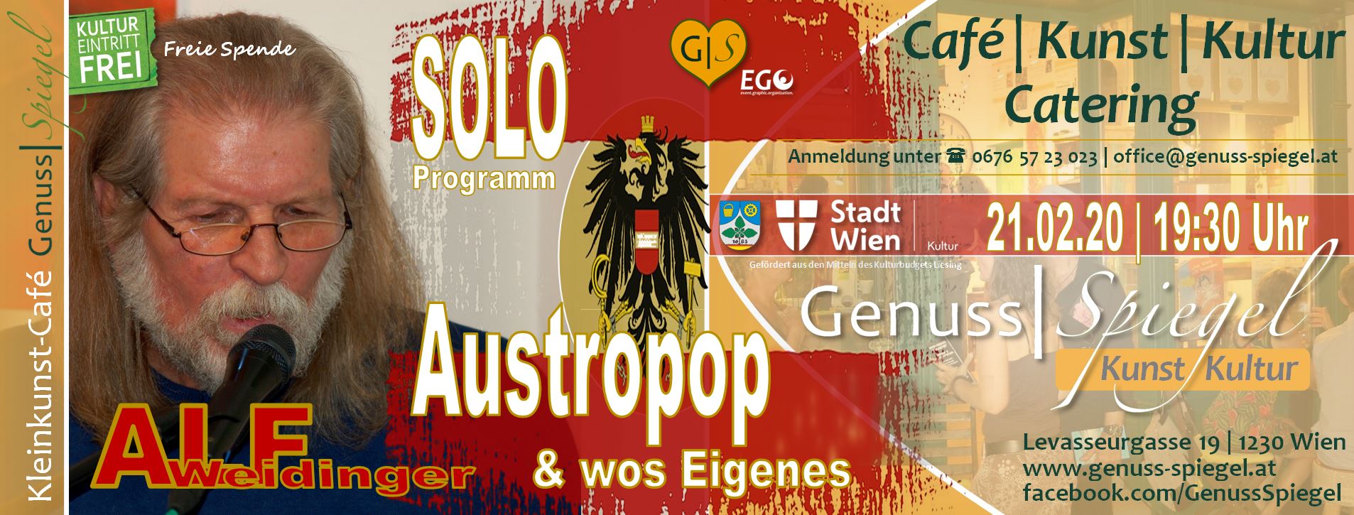 Alf Weidinger´s Austropop & wos Eigenes – Soloprogramm am 21. February 2020 @ Café Genuss-Spiegel.