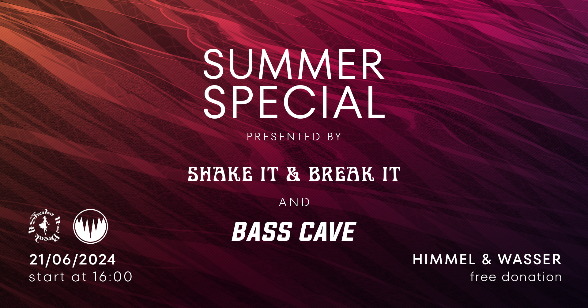 Bass Cave & Shake it and Break it – Summer Special am 21. June 2024 @ Himmel & Wasser. Bass Cave & Shake it and Break it – Summer Special am 21. June 2024 @ Himmel & Wasser.