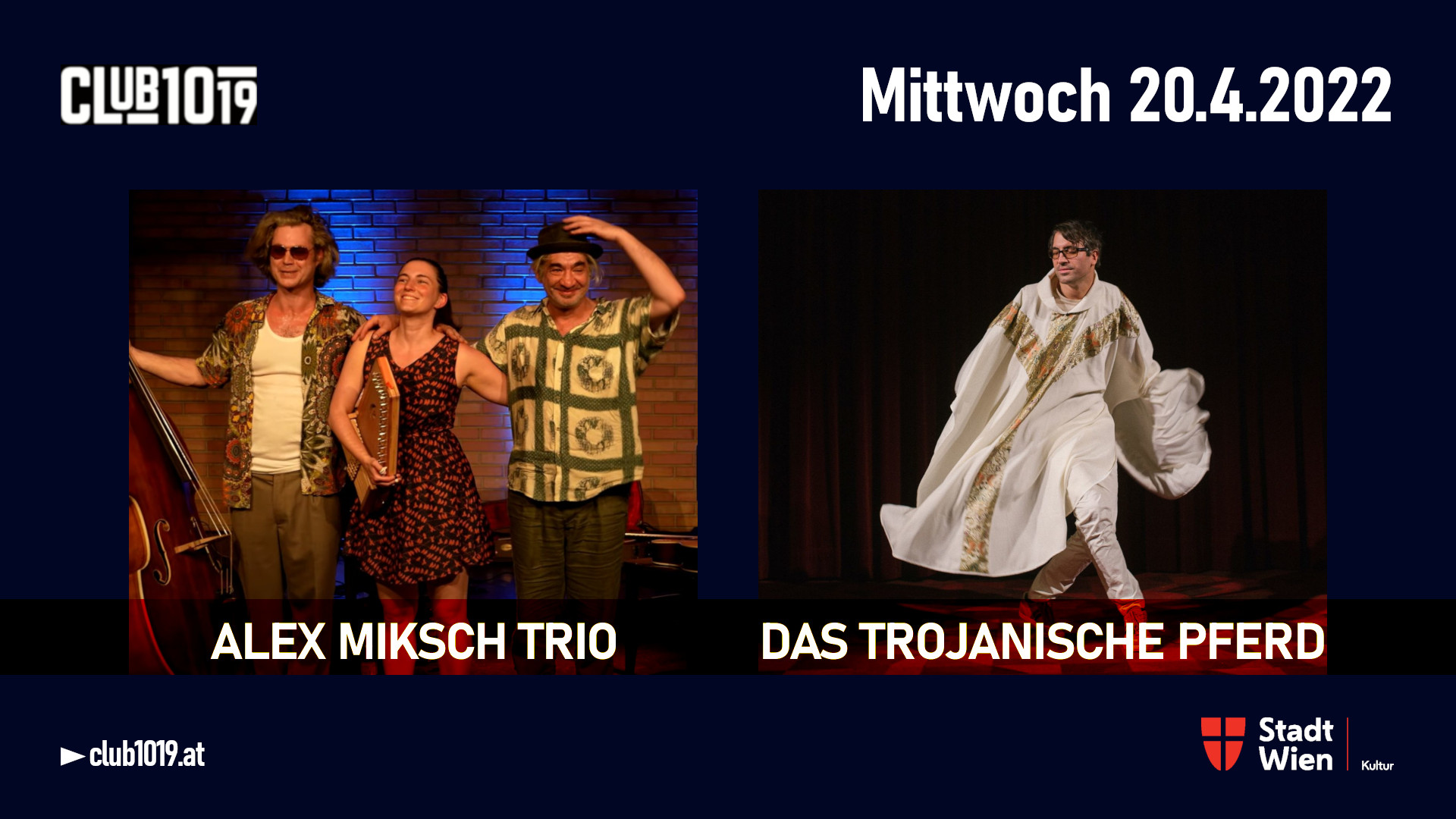 Alex Miksch Trio + Das Trojanische Pferd am 20. April 2022 @ Club 1019.