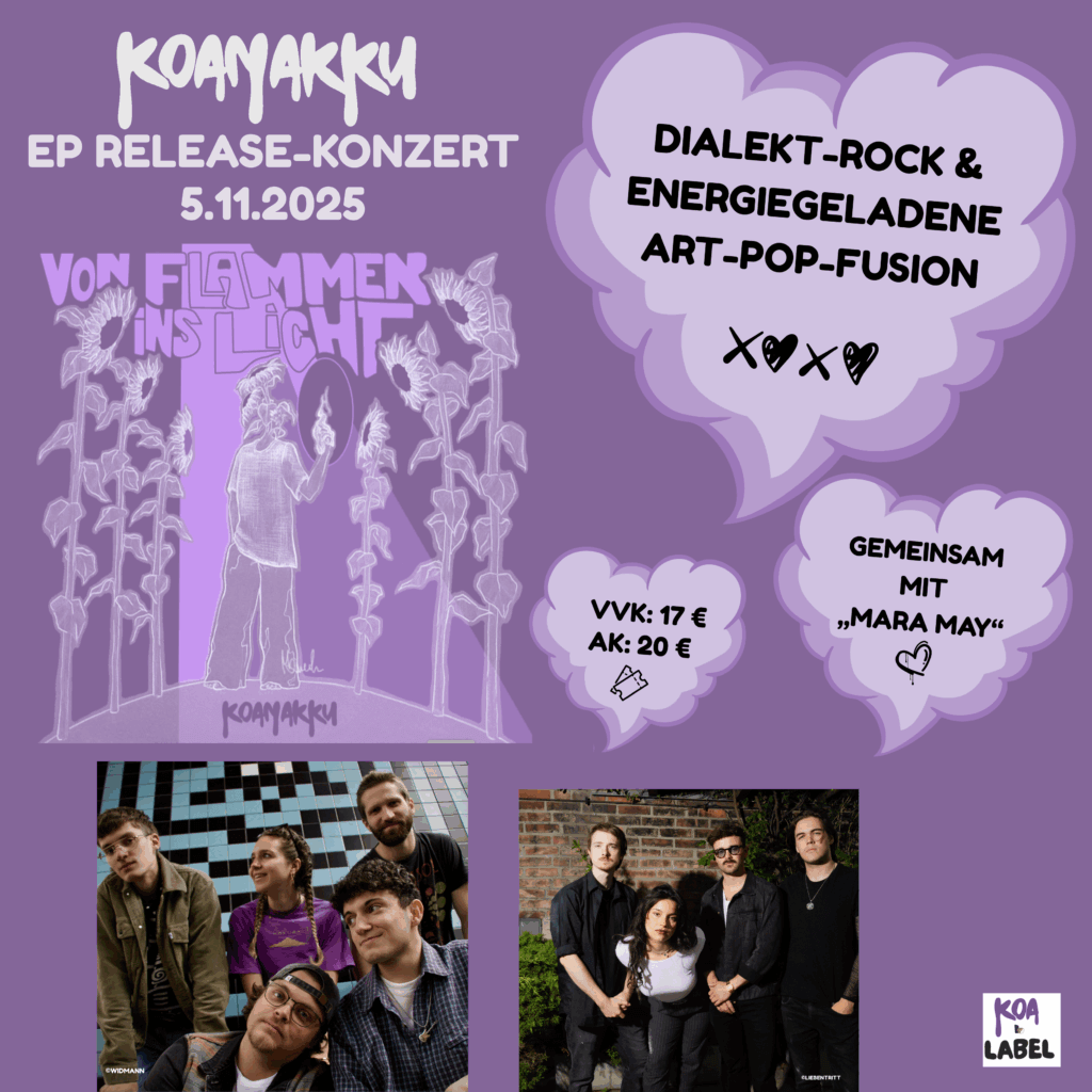 KOAN AKKU – Tiroler Dialekt Rock am 5. November 2025 @ Club Lucia. KOAN AKKU – Tiroler Dialekt Rock am 5. November 2025 @ Club Lucia.