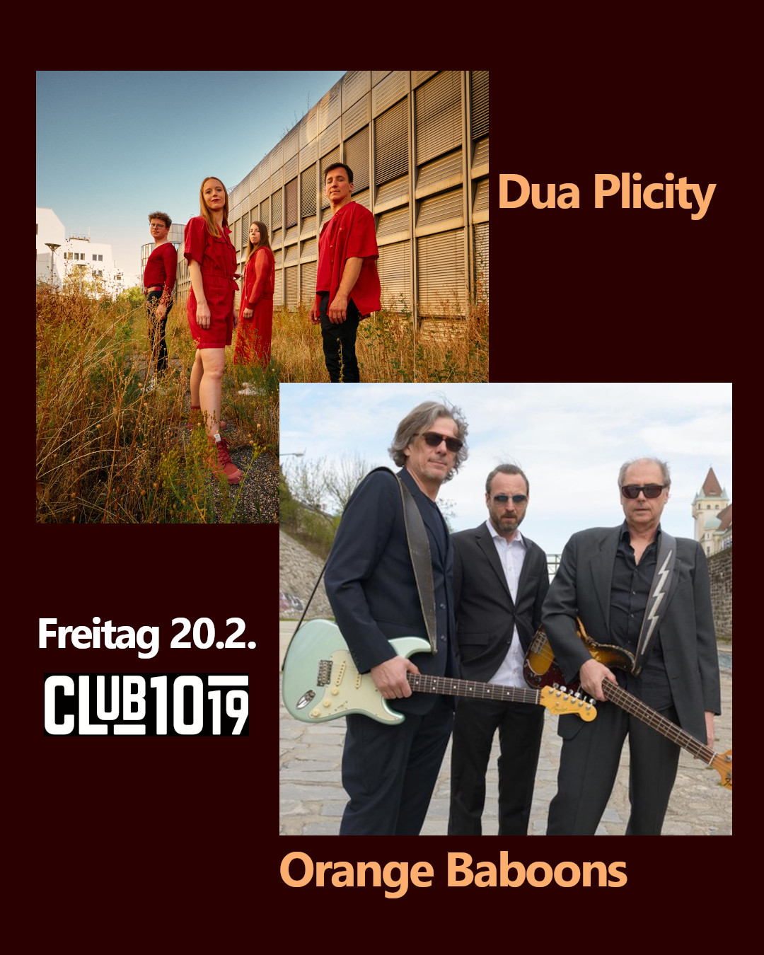 Dua Plicity + Orange Baboons am 20. February 2026 @ Club 1019.
