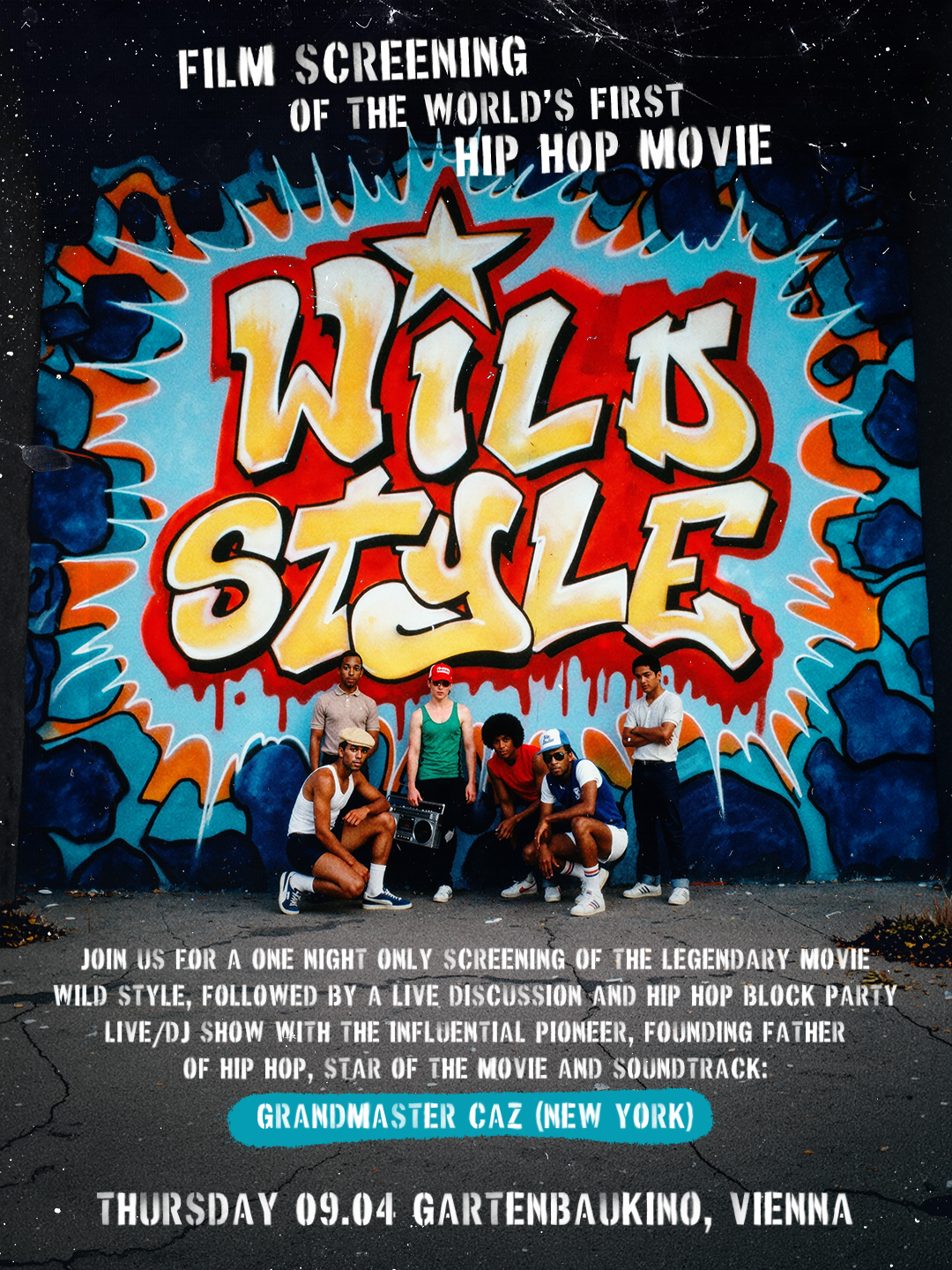 Hip Hop Legende Grandmaster Caz (Live) & Wild Style (4K) Screening am 9. April 2026 @ Gartenbaukino.
