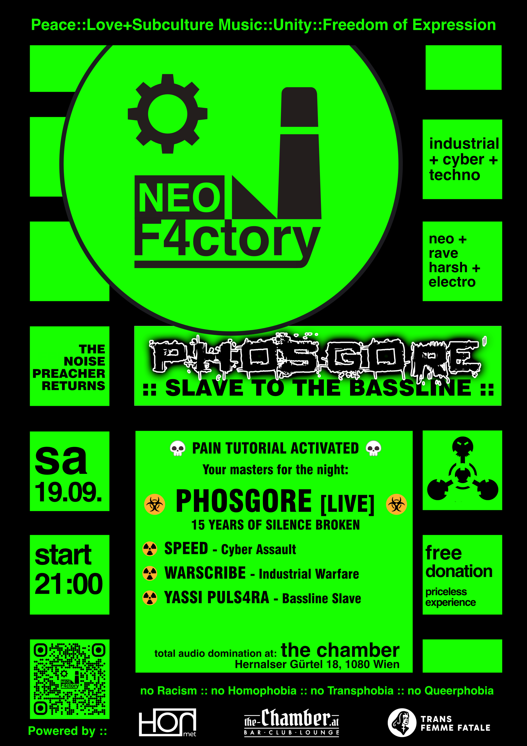 NEOF4ctory Episode three: PHOSGORE am 19. September 2026 @ the Chamber – Bar | Club | Lounge.