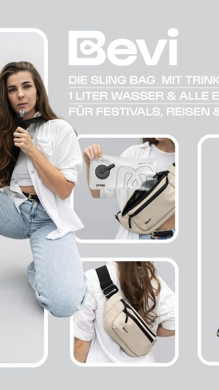 Gewinne 5 x 1 Bevi Bag – die Sling Bag mit Trinksystem!
