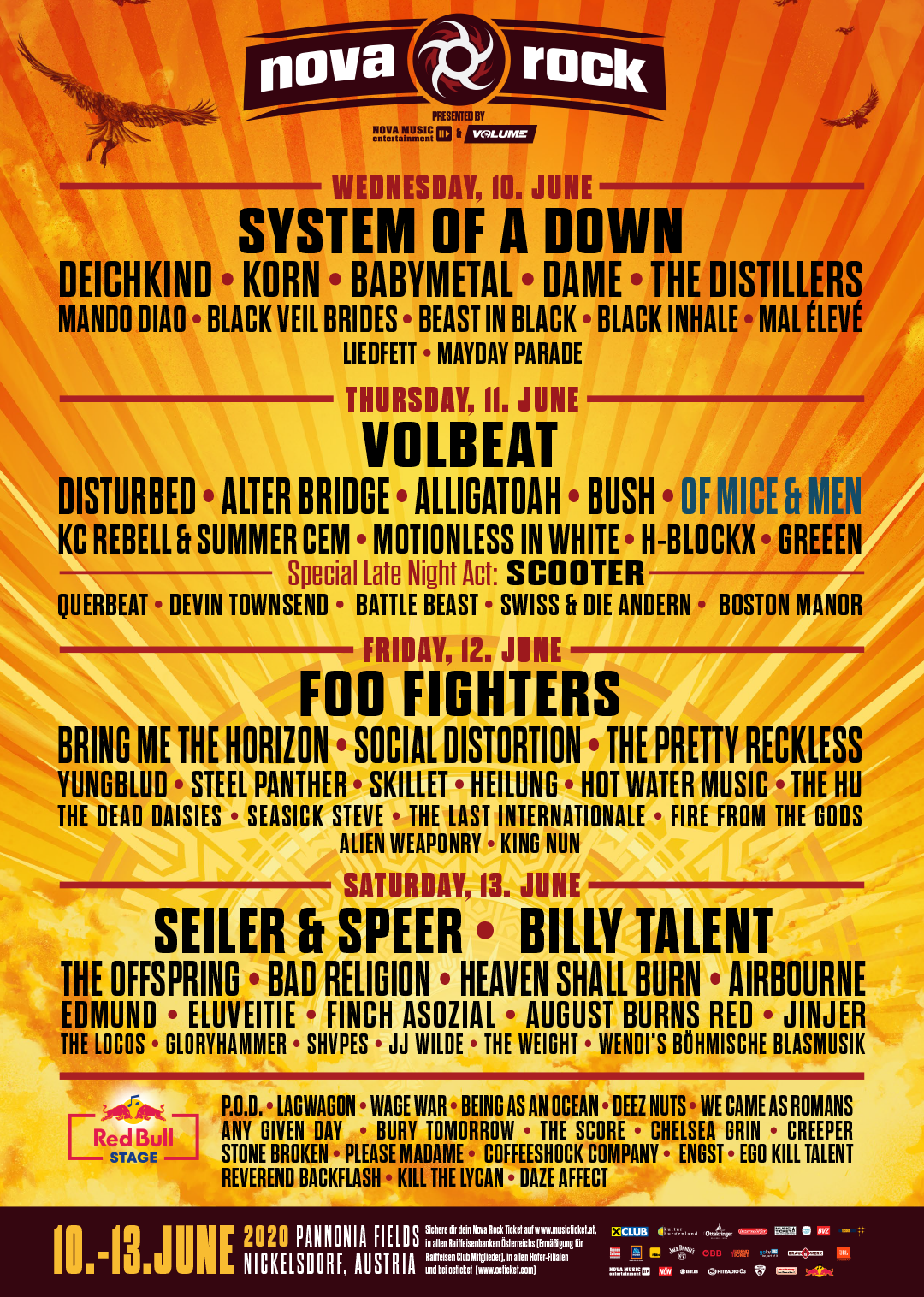 Nova Rock Festival 2020 Tages Line Up